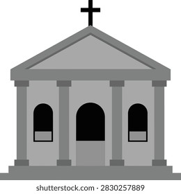 Simple gray church building with columns and cross on top, religious architecture