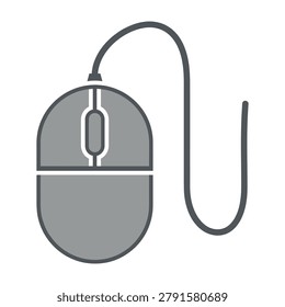Simple gray computer mouse with cord on clean white background, technology accessory