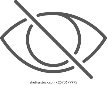 Simple, gray, crossed out eye icon symbolizing blindness, invisibility, or lack of vision, ideal for conveying concepts related to sightlessness, privacy, or hidden information