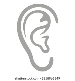 Simple gray ear icon isolated on white background. Human anatomy symbol for hearing loss, otology, audiology, sound, listening, health care and medical clinic websites.