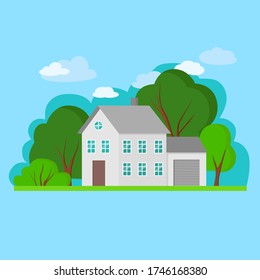 Simple gray flat gray house with green trees and blu sky. Vector Illustration of cityscape.Cottage, modern architecture. Idea of real estate.