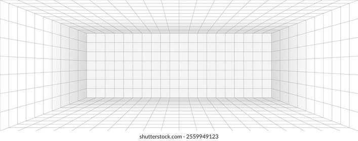 Simple gray grid lines tunnel with a slight shadow. Abstract 3D stage background with editable stroke. Futuristic or retro style concept for presentation, projection, or banner. Vector illustration