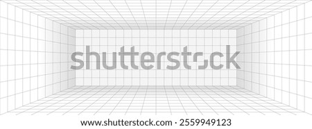 Simple gray grid lines tunnel with a slight shadow. Abstract 3D stage background with editable stroke. Futuristic or retro style concept for presentation, projection, or banner. Vector illustration