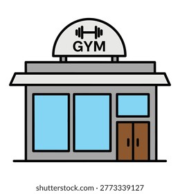 Simple gray gym building with blue windows and brown door icon
