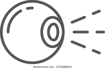 Simple gray icon of an eye looking right emitting light beams, representing concepts such as vision, observation, discovery, and enlightenment