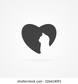 Simple gray icon of heart and cat. Shadow and white background.