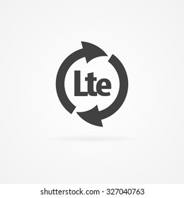 Simple gray icon of LTE text and arrows. Shadow and isolated on white background.