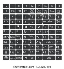 Simple gray keyboard buttons with white letters. English and Russian keyboard layout.