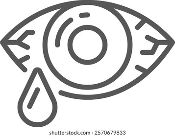 Simple gray line drawing depicting an eye with visible veins and pupil, shedding a tear, expressing feelings of sadness, pain, or allergic reaction