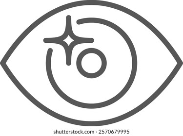 Simple gray line drawing of an eye with a bright star shape indicating good vision and health, suitable for ophthalmology and healthcare concepts