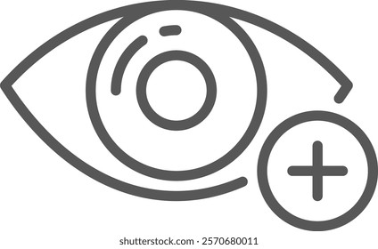 Simple gray line drawing of an eye with a plus sign, representing concepts such as good vision, eye health, and adding something related to vision or sight