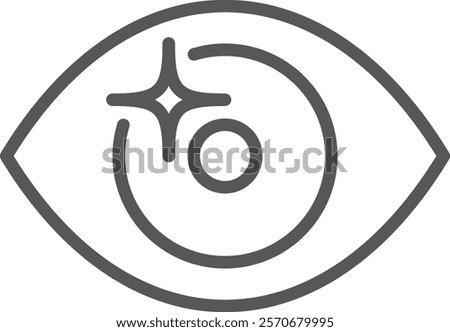 Simple gray line drawing of an eye with a bright star shape indicating good vision and health, suitable for ophthalmology and healthcare concepts