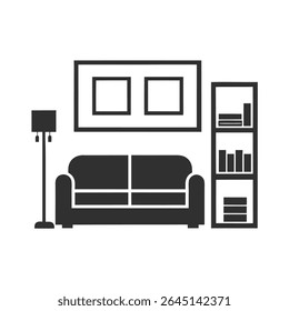 Simple Gray Living Room Furniture Icon Set Sofa Lamp Bookshelf Pictures on White Background