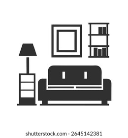 Simple Gray Living Room Furniture Icon Set Sofa Lamp Bookshelf Picture Frame on White Background