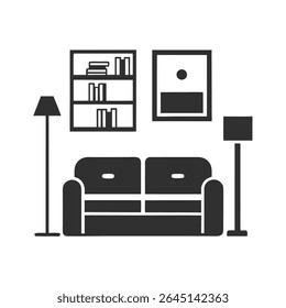 Simple Gray Living Room Interior Design Icon with Sofa Bookshelf Lamps and Picture Frame on White Background