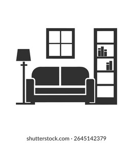 Simple Gray Living Room Interior Design Icon with Sofa Lamp Bookshelf and Window on White Background