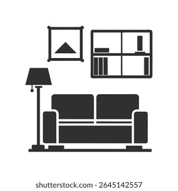 Simple Gray Living Room Interior Design with Sofa Floor Lamp Bookshelf and Wall Art on White Background