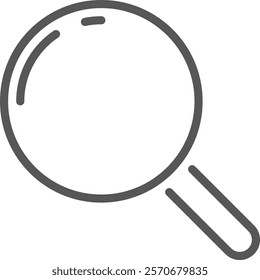 Simple gray magnifying glass icon representing searching, browsing, seeking, finding, exploring, analyzing, researching, investigating, discovery concept on white background