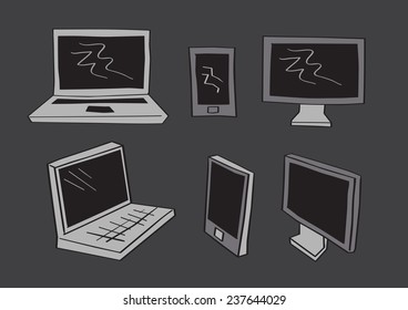 Simple gray scale vector illustration of computer screen, mobile phones and laptop in frontal and three-quarter perspective view