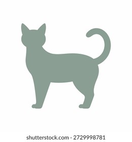 A simple, gray silhouette of a standing cat with its tail curled, facing left, on a white background.   