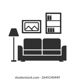 Simple Gray Sofa Living Room Setup with Floor Lamp Picture and Bookshelf on White Background
