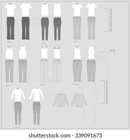 Simple gray vector illustration. Big set of different white T-shirts in front and back views with basic types of women`s jeans.