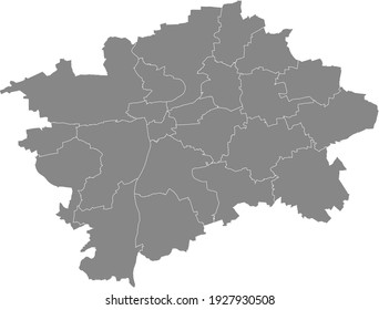 Mapa vectorial gris simple con las fronteras blancas de los distritos municipales de Praga, República Checa