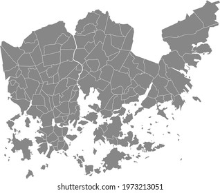 Simple gray vector map with white borders of neighbourhoods and quarters of Helsinki, Finland