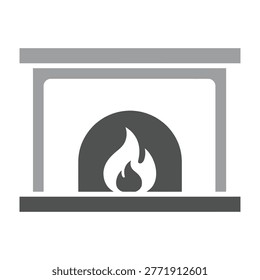 A simple gray and white icon of a fireplace with a flame burning inside, cozy home interior element