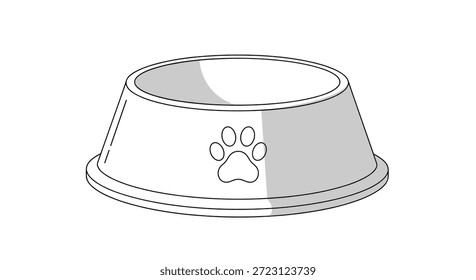 Ilustración gris y blanca simple de un tazón de comida para mascotas vacío con un icono de impresión de pata en el lado para temas de perros o gatos.