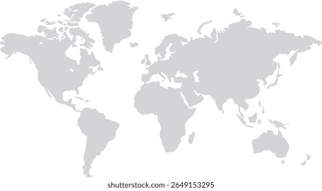 Mapa do mundo cinza simples mostrando todos os continentes e massas de terra no fundo branco