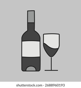 Un simple icono en escala de grises de una botella de vino con una copa de vino llena. Esta ilustración es perfecta para transmitir temas de celebración, restaurantes y bebidas finas.