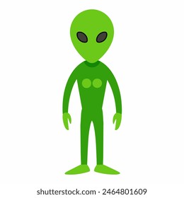 Alienígena verde simple con ojos Grandes aislados sobre fondo blanco. Ser extraterrestre. Arte gráfico minimalista. Concepto de vida extraterrestre, diseño de ciencia ficción, carácter espacial