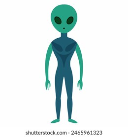 Alienígena verde simple con ojos Grandes aislados sobre fondo blanco. Ser extraterrestre. Arte gráfico minimalista. Concepto de vida extraterrestre, diseño de ciencia ficción, carácter espacial