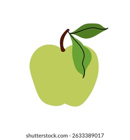 Simple green apple on white background. Hand drawn icon fruit with green lives. Farm and agriculture, organic food. Flat vector illustration for packaging, branding, menu, recipe.