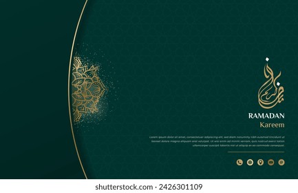 Simple green background with gold line and mandala ornamental design for ramadan kareem campaign. green gold islamic background design. arabic text mean is ramadan kareem