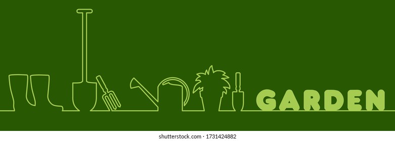 Einfache grüne Banner mit einem Netz, das Gartenwerkzeuge zeichnet.