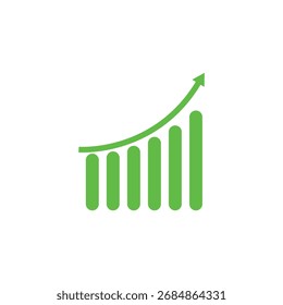 A simple green bar chart with an upward trending line indicating positive growth and progress.