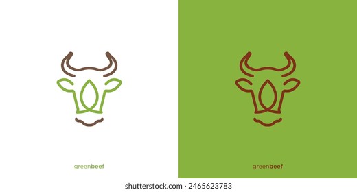 Simple Green Beef Logo Design. Cow Head and leaf with Line Art Outline Style. Farm Animal Logo, Icon, Symbol, Vector, Design Template.