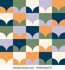 Simple green, blue, and yellow round geometric seamless pattern design in mid century style