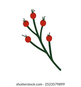 Simple green branch with red berries in flat style. A perfect element for Christmas, holiday decoration and festive design.