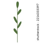 A simple green branch with small leaves. Straight stem, flat doodle style. Silhouette of a plant, handy for creating a vector brush. Green twig logo, design element. Transparent background