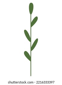 A simple green branch with small leaves. Straight stem, flat doodle style. Silhouette of a plant, handy for creating a vector brush. Green twig logo, design element. Transparent background