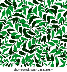 Einfache grüne Äste mit Blättern auf weißem Hintergrund. Grünes Laub nahtloses Muster. Für Druck, Dekoration und so weiter.