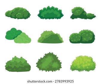 Simple green bushes set. Minimalist flat vector illustration of dense forest shrubs and garden hedges isolated on white.