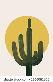 Simple green cactus in desert under warm sun, simple modern flat illustration Visual Art, minimalistic Background