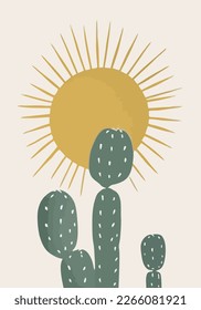 Simple green cactus in desert under warm sun, simple modern flat illustration Visual Art, minimalistic Background