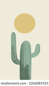 Simple green cactus in desert under warm sun, simple modern flat illustration Visual Art, minimalistic Background