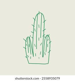 A simple green cactus drawing on a light background. Vector hand drawn line art illustration