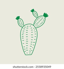 Simple green cactus drawn in a minimalist style. Vector hand drawn line art illustration